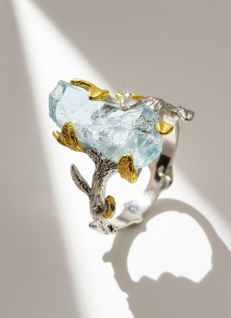 925 Sterling Silver Raw Aquamarine Branch Ring