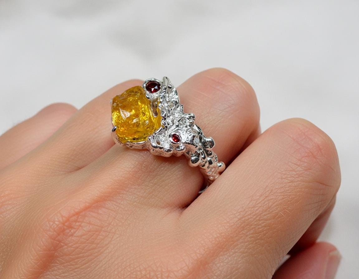 925 Sterling Silver Raw Yellow Stone Ring