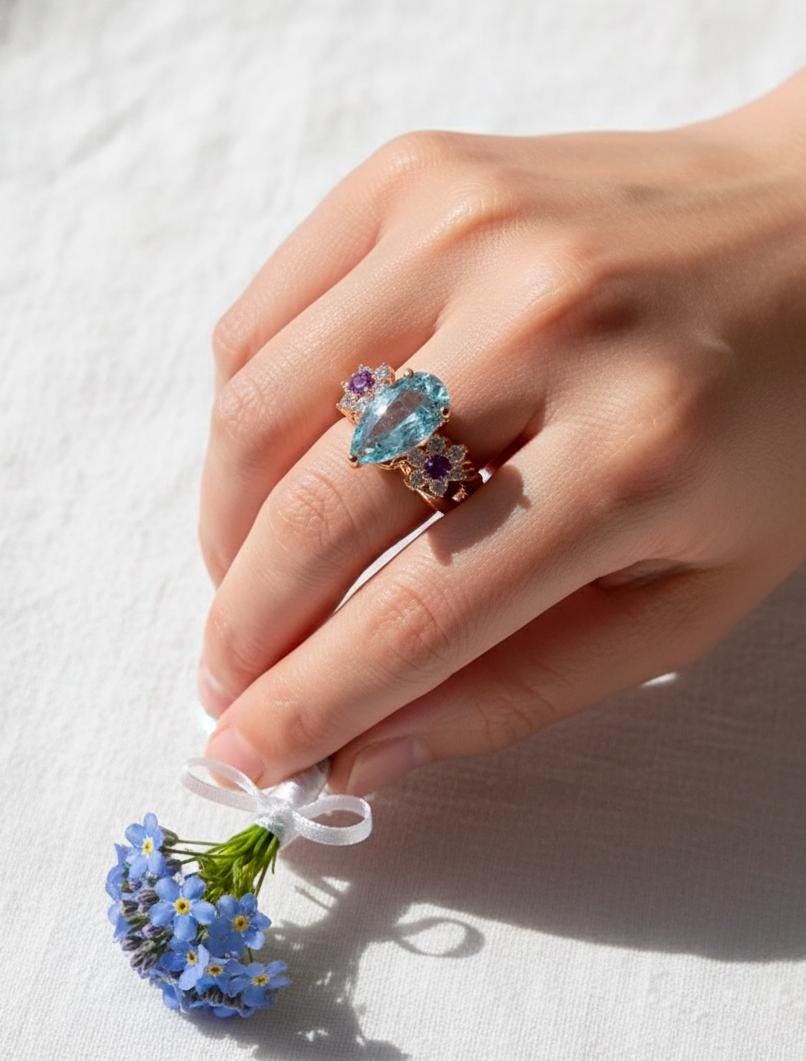 925 Sterling Silver Aquamarine Ring, worn on hand