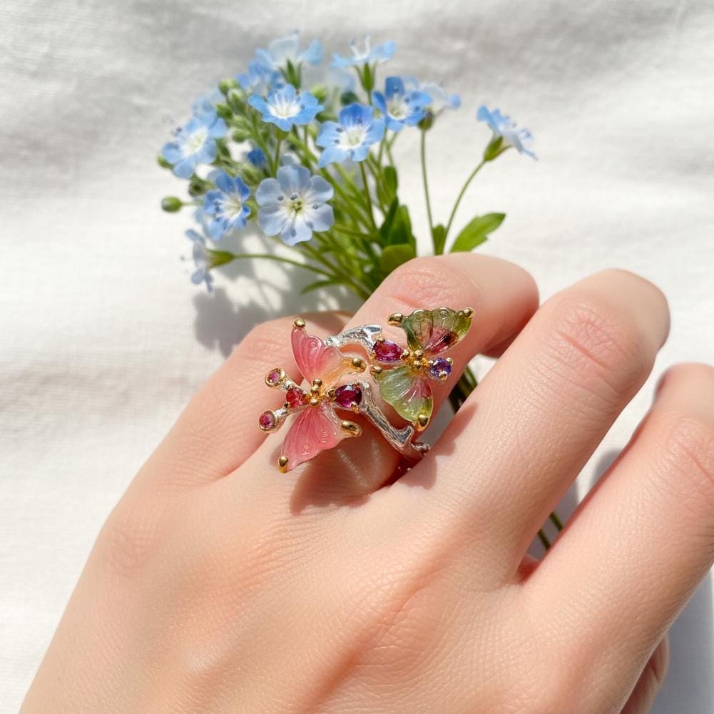 925 Sterling Silver Butterfly Tourmaline Ring