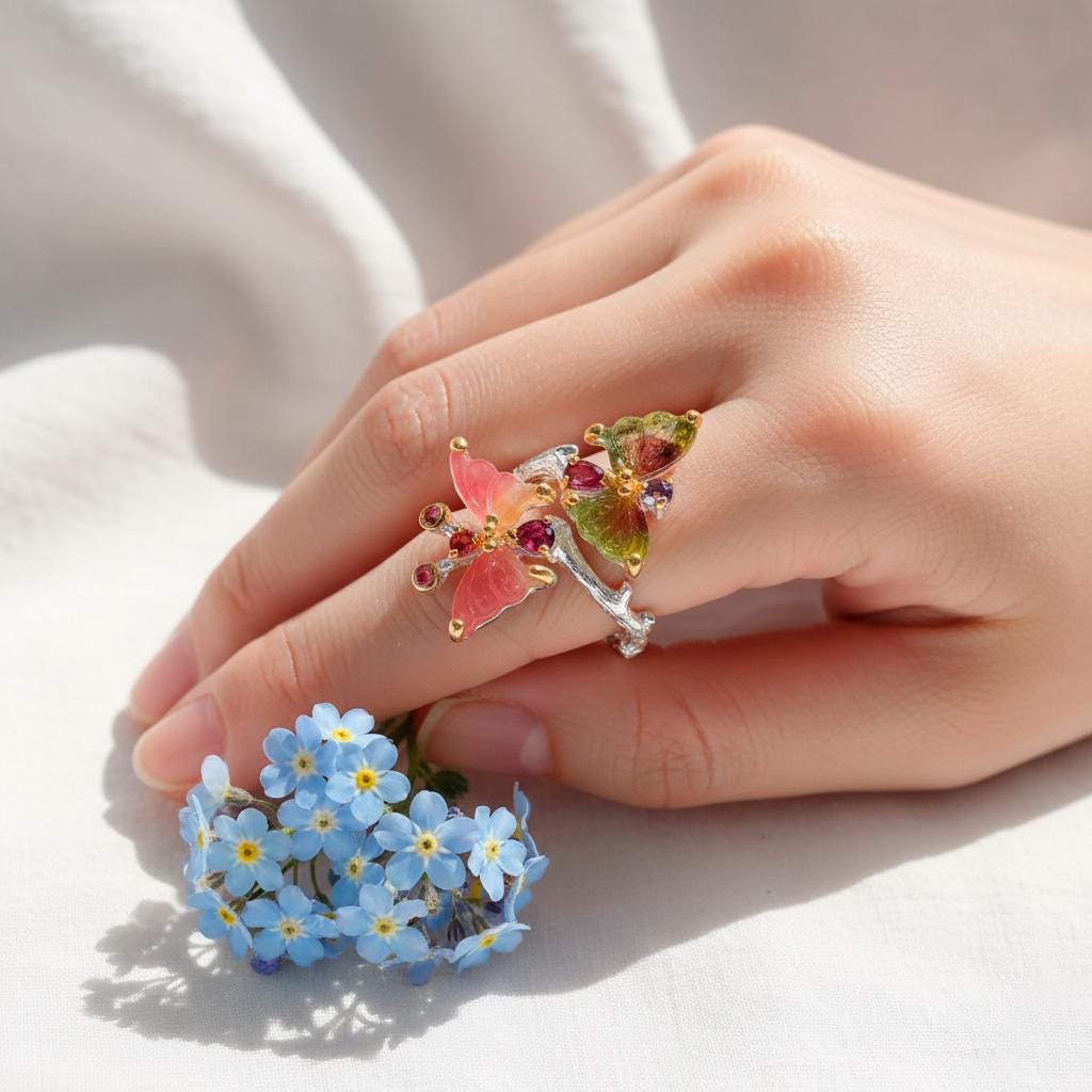 925 Sterling Silver Butterfly Tourmaline Ring