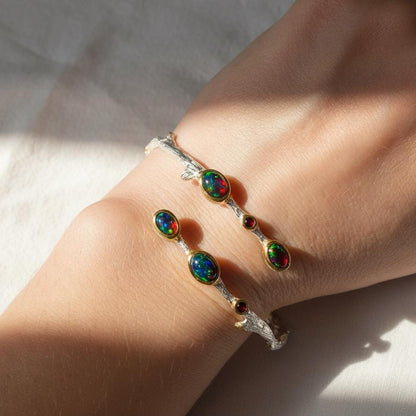 925 Sterling Silver Black Opal Branch Cuff Bracelet