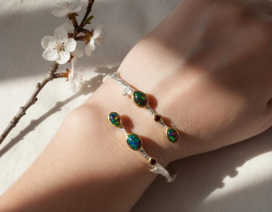 925 Sterling Silver Black Opal Branch Cuff Bracelet