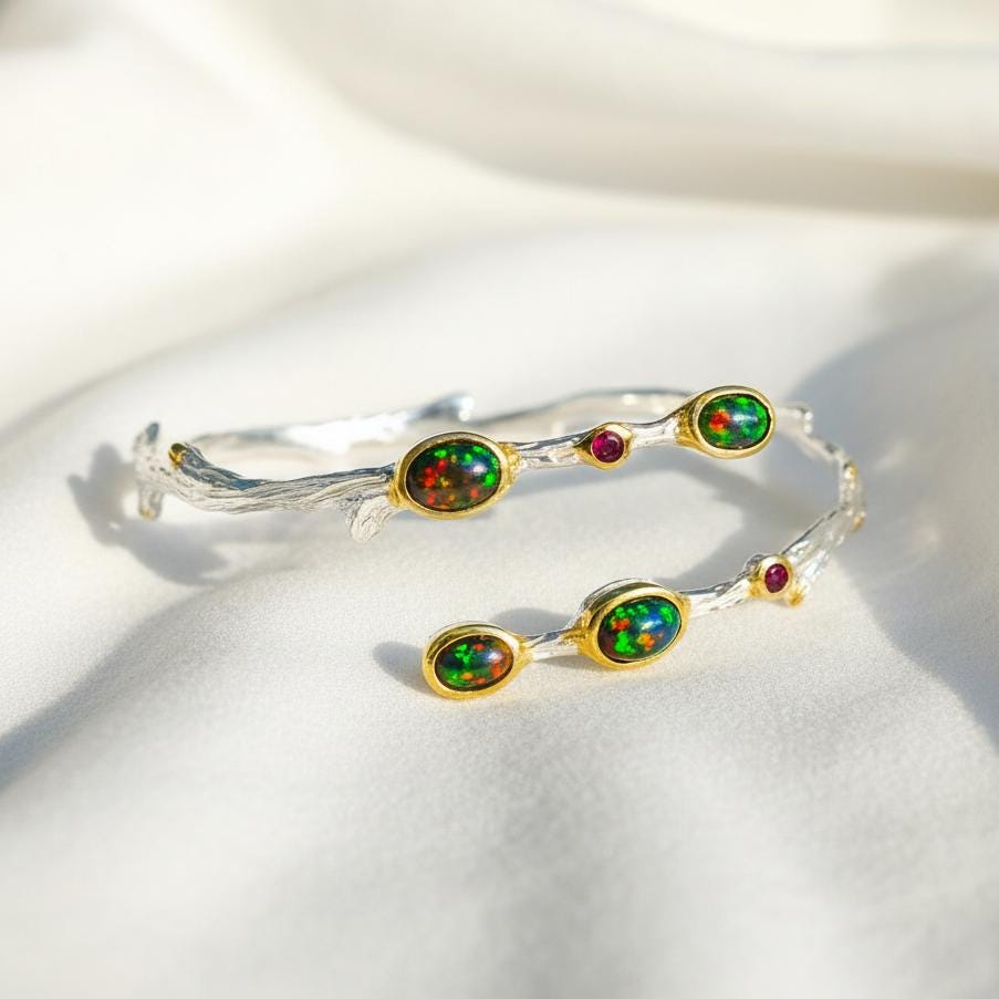 925 Sterling Silver Black Opal Branch Cuff Bracelet