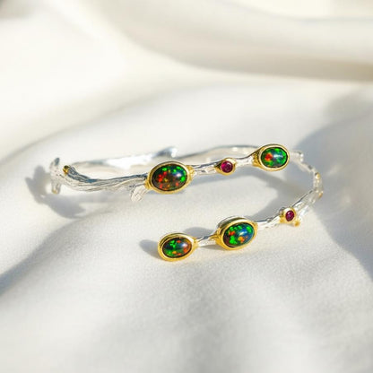925 Sterling Silver Black Opal Branch Cuff Bracelet