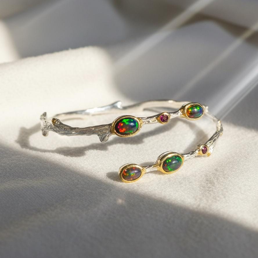 925 Sterling Silver Black Opal Branch Cuff Bracelet