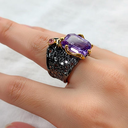 925 Sterling Silver Amethyst Chunky Wide Ring