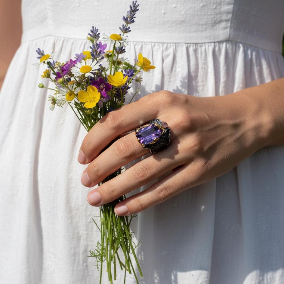 925 Sterling Silver Amethyst Chunky Wide Ring