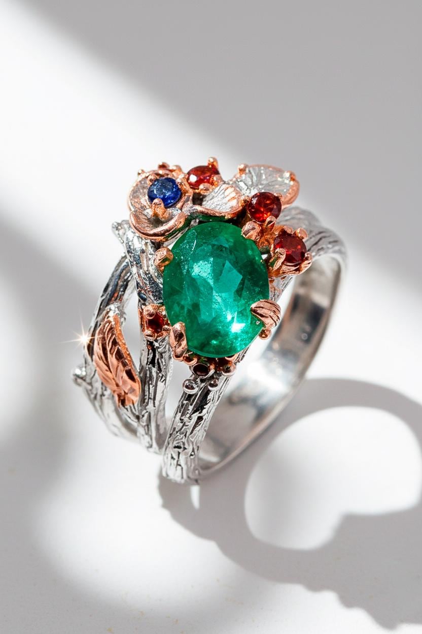 925 Sterling Silver Emerald Nature Ring