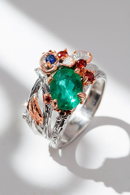 925 Sterling Silver Emerald Nature Ring