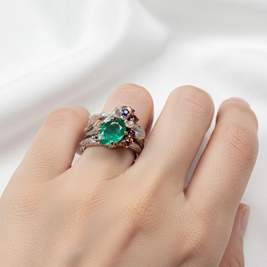 925 Sterling Silver Emerald Nature Ring
