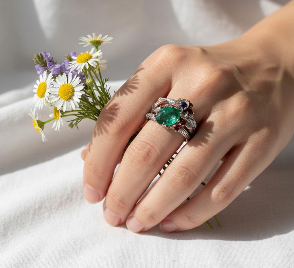 925 Sterling Silver Emerald Nature Ring