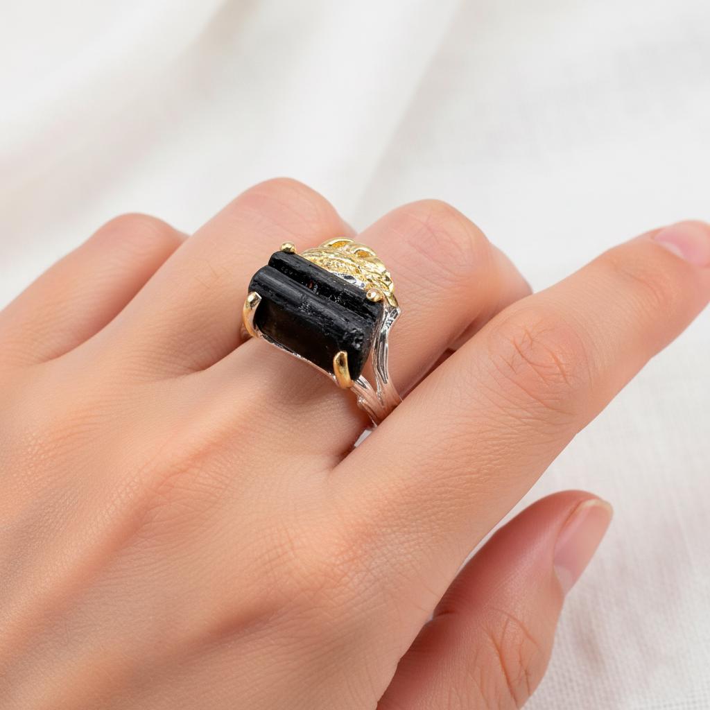 925 sterling silver black tourmaline leaf ring