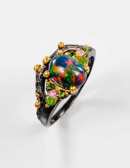 925 Sterling Silver Black Opal Branch Ring