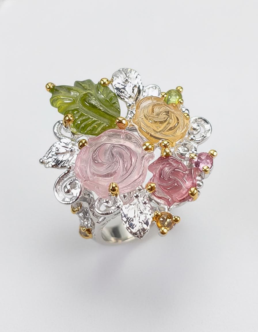 925 Sterling Silver Bouquet Flower Tourmaline Ring