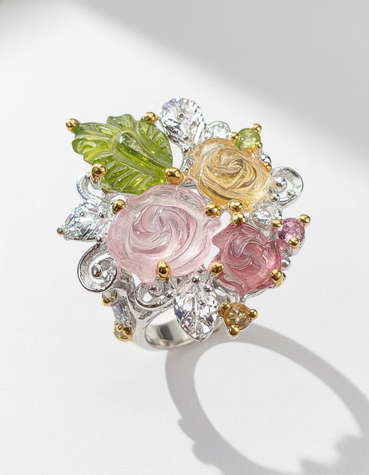 925 Sterling Silver Bouquet Flower Tourmaline Ring