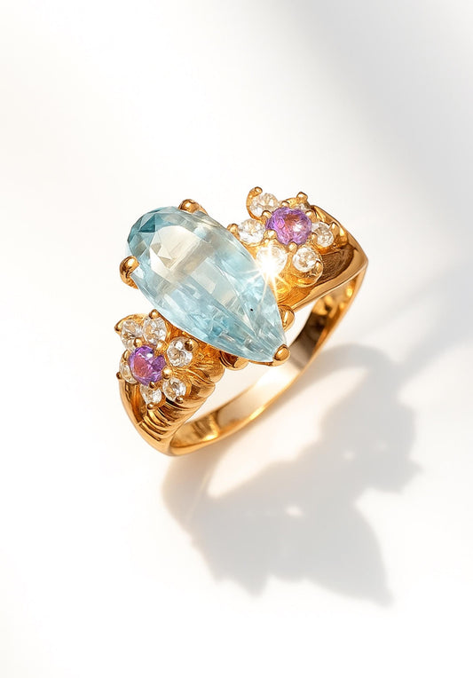 925 Sterling Silver Aquamarine Flower Ring