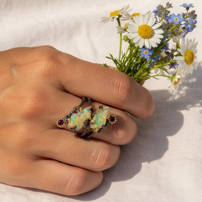 925 Sterling Silver Raw Fire Opal Branch Ring