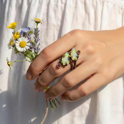 925 Sterling Silver Raw Fire Opal Branch Ring
