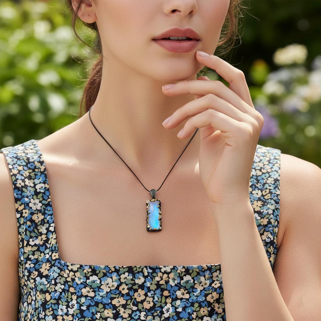 925 Sterling Silver Moonstone Rectangle Pendant