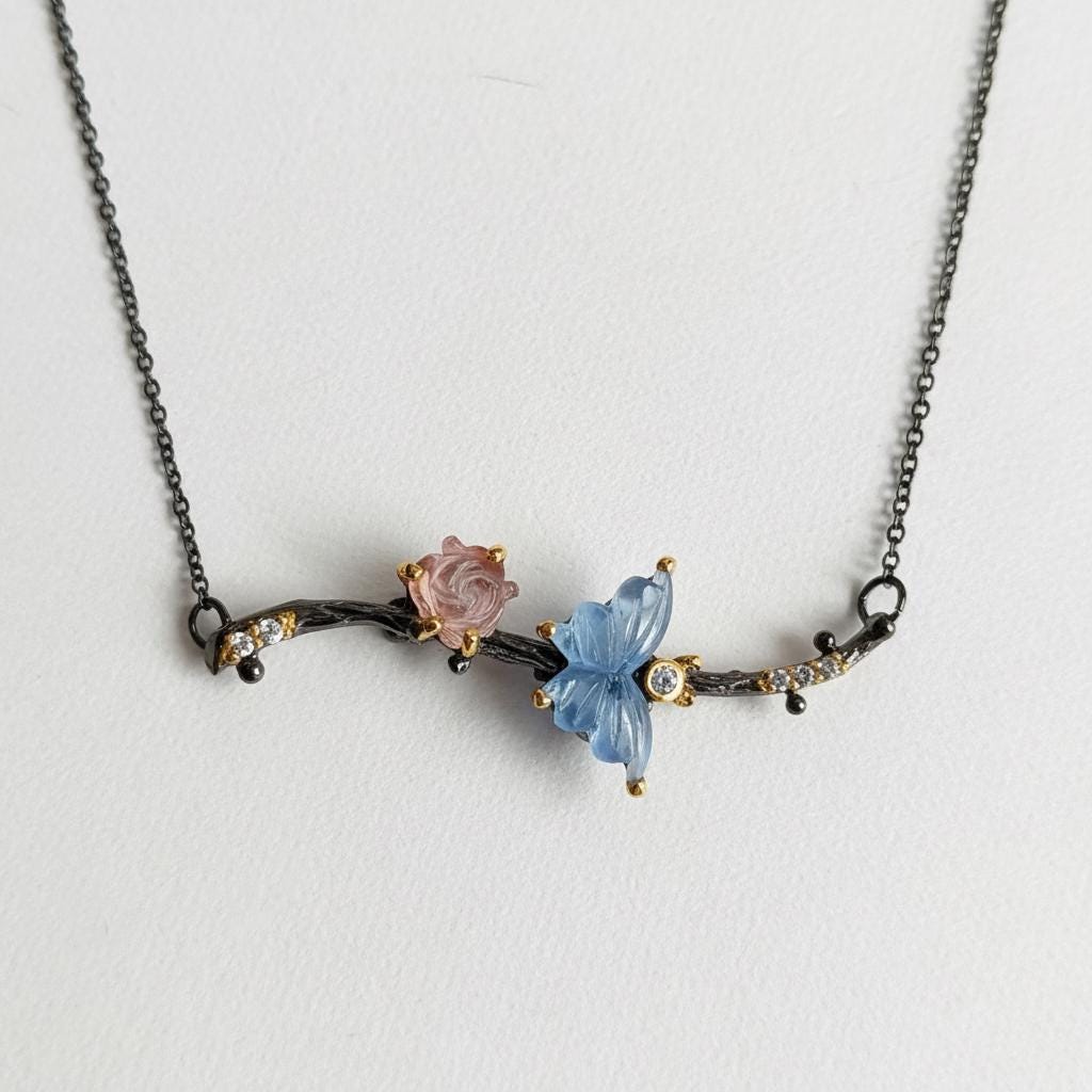 925 Sterling Silver Aquamarine Butterfly Necklace