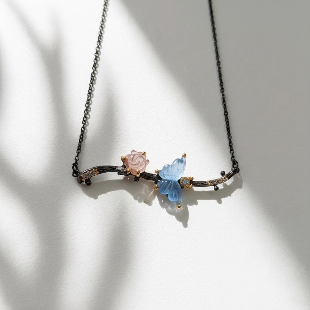 925 Sterling Silver Aquamarine Butterfly Necklace