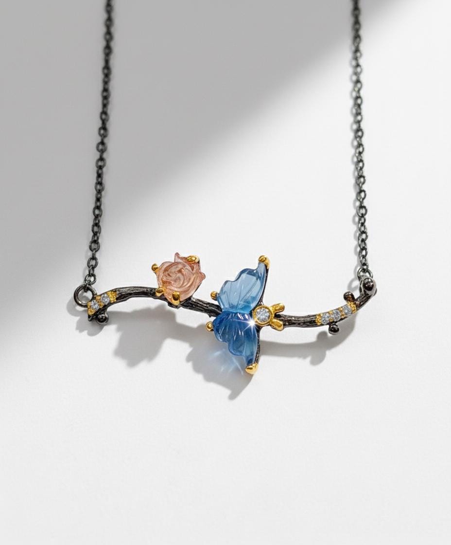 925 Sterling Silver Aquamarine Butterfly Necklace