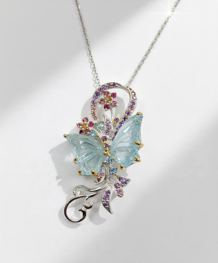 925 Sterling Silver Aquamarine Butterfly Necklace