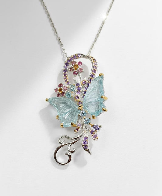 925 Sterling Silver Aquamarine Butterfly Necklace