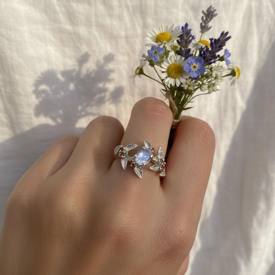 925 Sterling Silver Moonstone Branch Ring