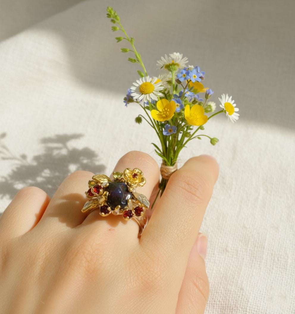 925 Sterling Silver Raw Black Opal Ring