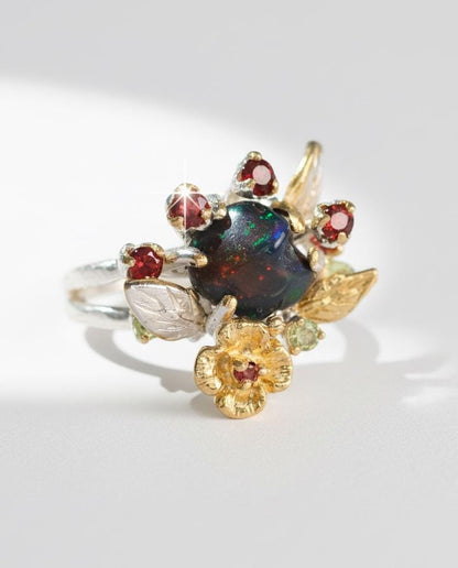 925 Sterling Silver Raw Black Opal Ring