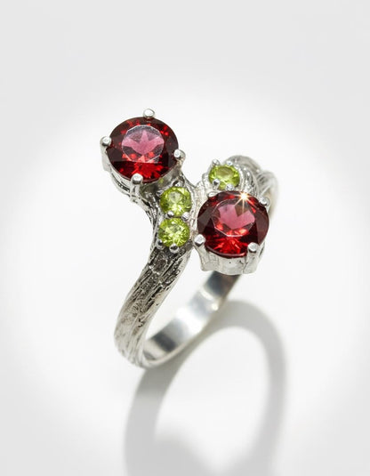 925 Sterling Silver Two Red Garnets Ring