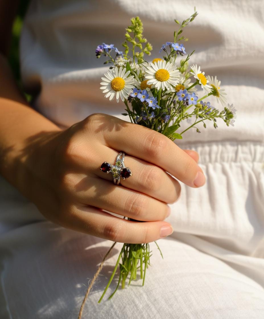 925 Sterling Silver Two Red Garnets Ring