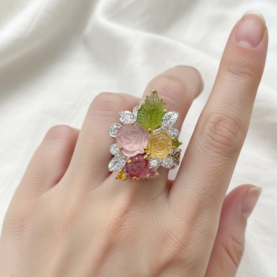 925 Sterling Silver Bouquet Flower Tourmaline Ring