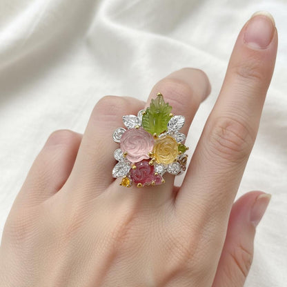 925 Sterling Silver Bouquet Flower Tourmaline Ring