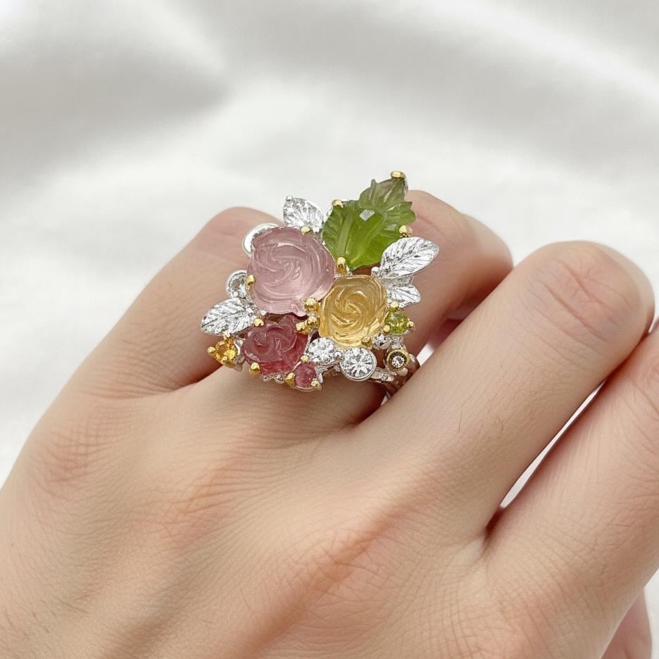 925 Sterling Silver Bouquet Flower Tourmaline Ring