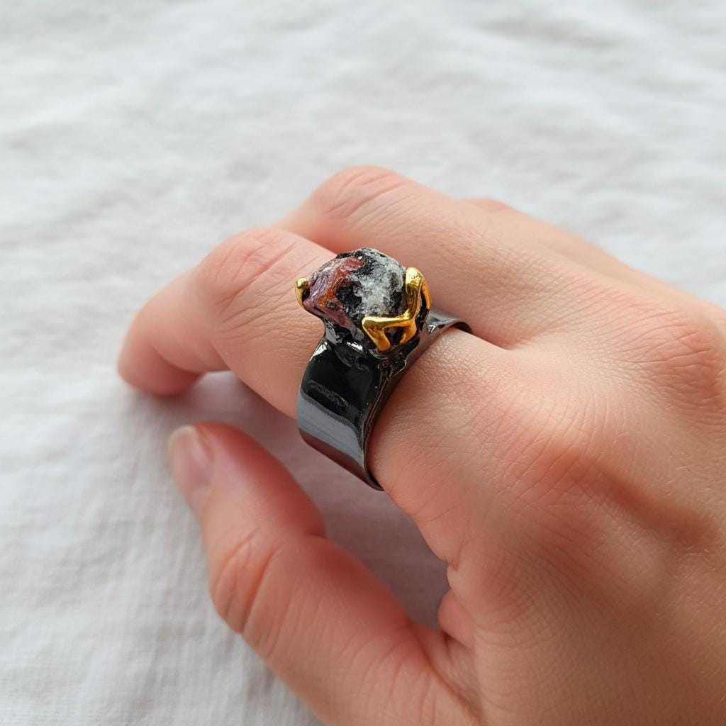 925 Sterling Silver Raw Red Ruby Wide Band Ring