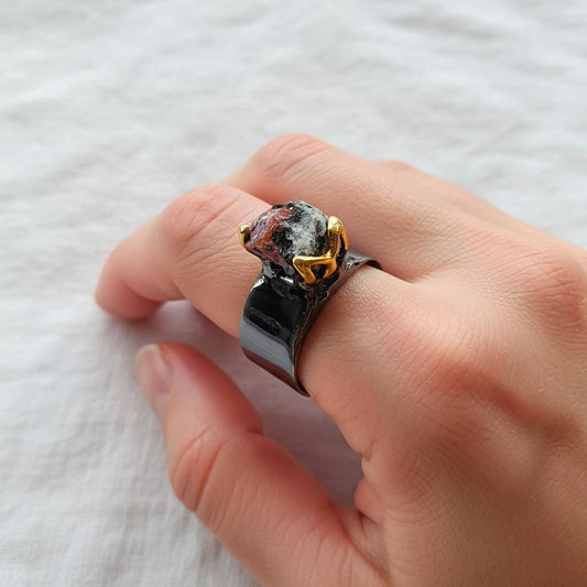 925 Sterling Silver Raw Red Ruby Wide Band Ring