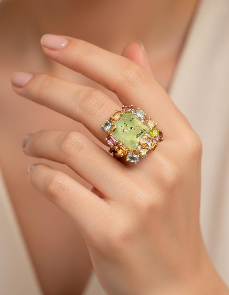 925 sterling silver green prehnite forest ring