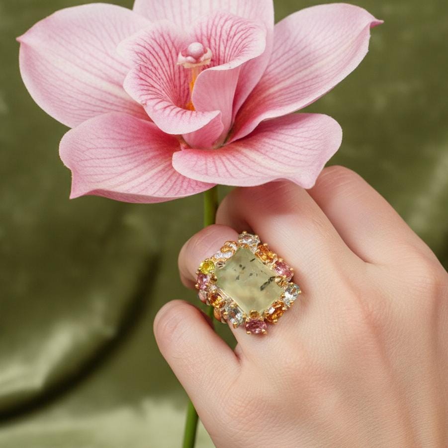 925 sterling silver green prehnite forest ring