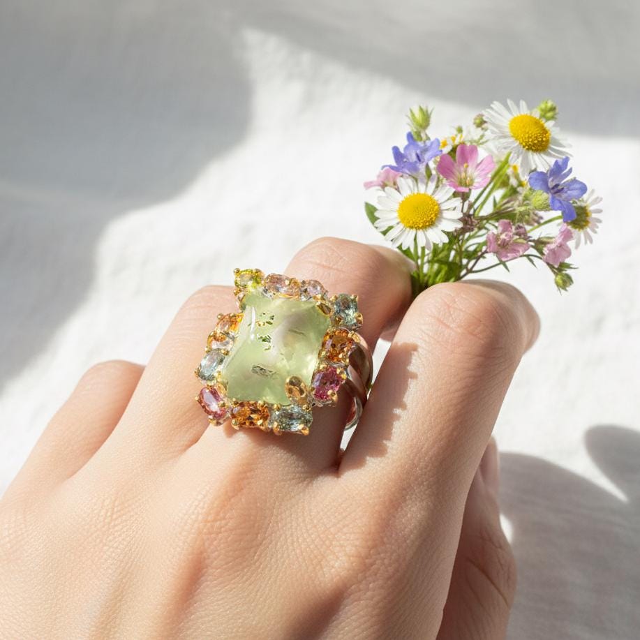 925 sterling silver green prehnite forest ring