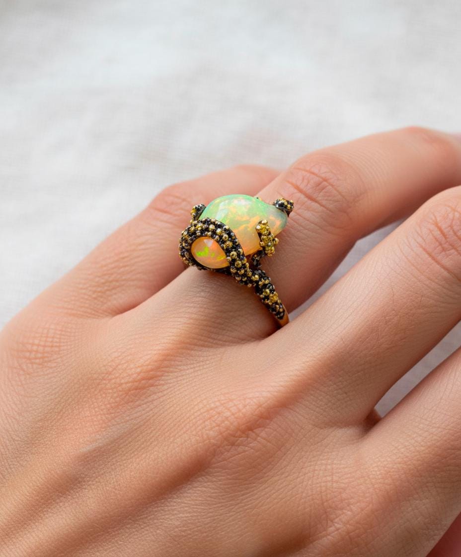 925 Sterling Silver Raw Fire Opal Octopus Ring
