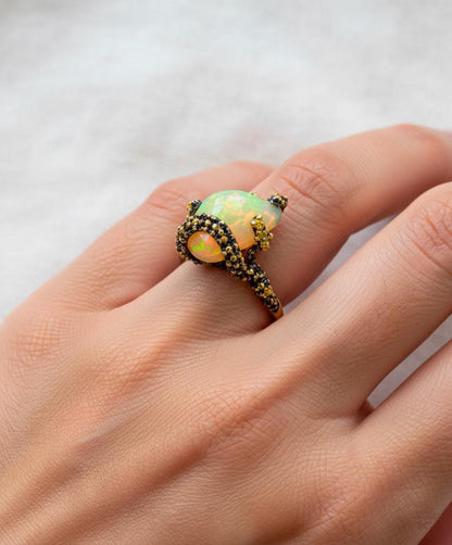 925 Sterling Silver Raw Fire Opal Octopus Ring