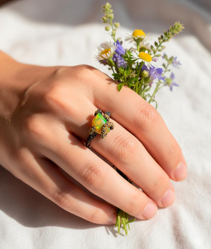 925 Sterling Silver Raw Fire Opal Octopus Ring