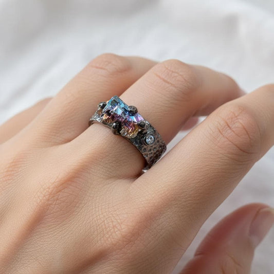925 Sterling Silver Raw Bismuth Black Band Ring