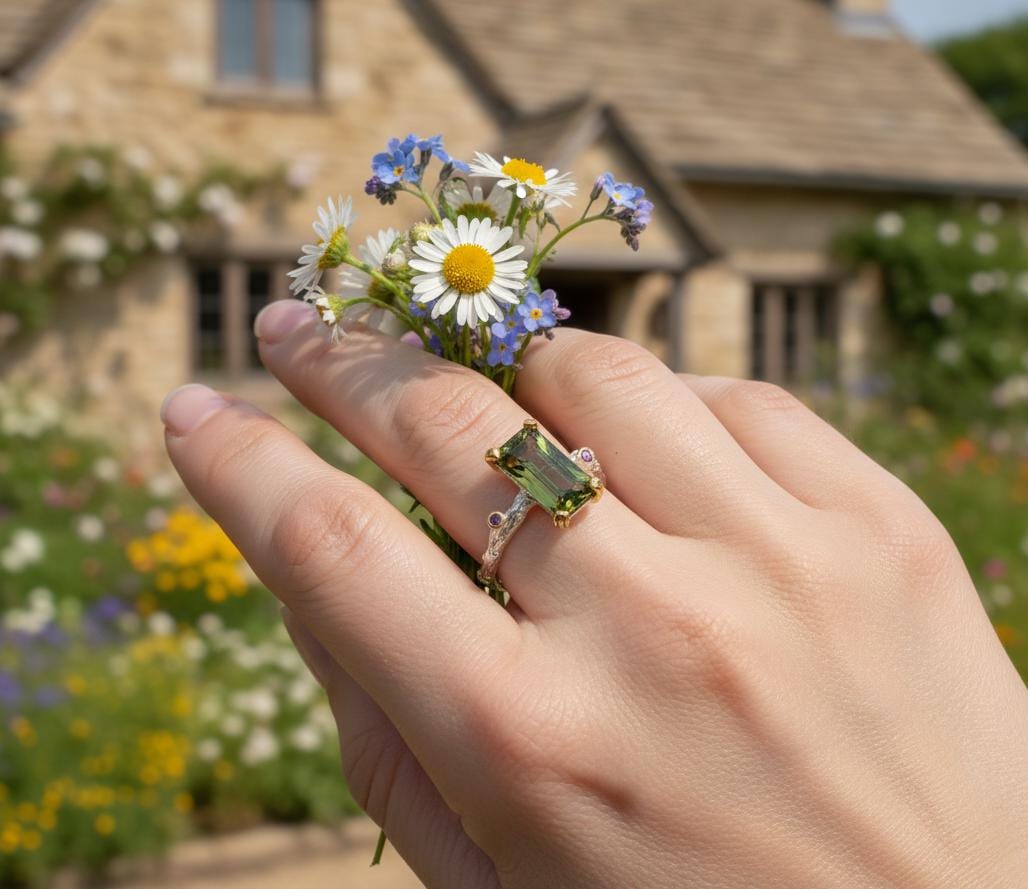 925 Sterling Silver Green Tourmaline Dainty Ring