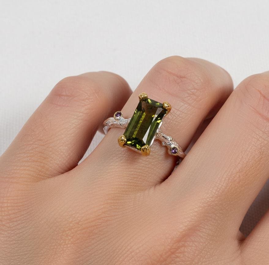 925 Sterling Silver Green Tourmaline Dainty Ring