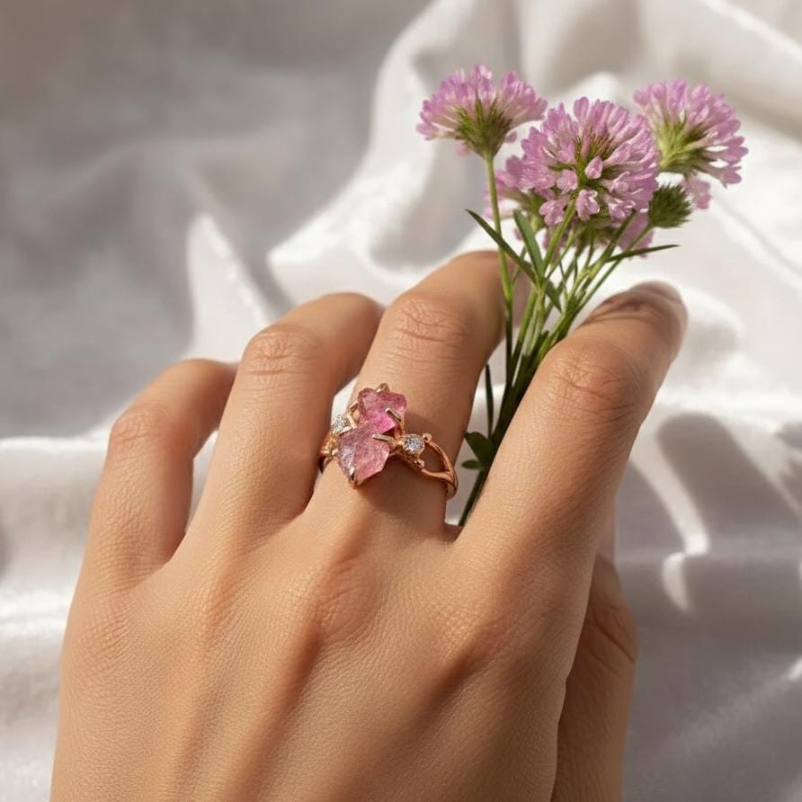 925 Sterling Silver Raw Pink Tourmaline Ring