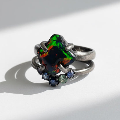 925 Sterling Silver Raw Black Opal Ring Set - Size 7 US